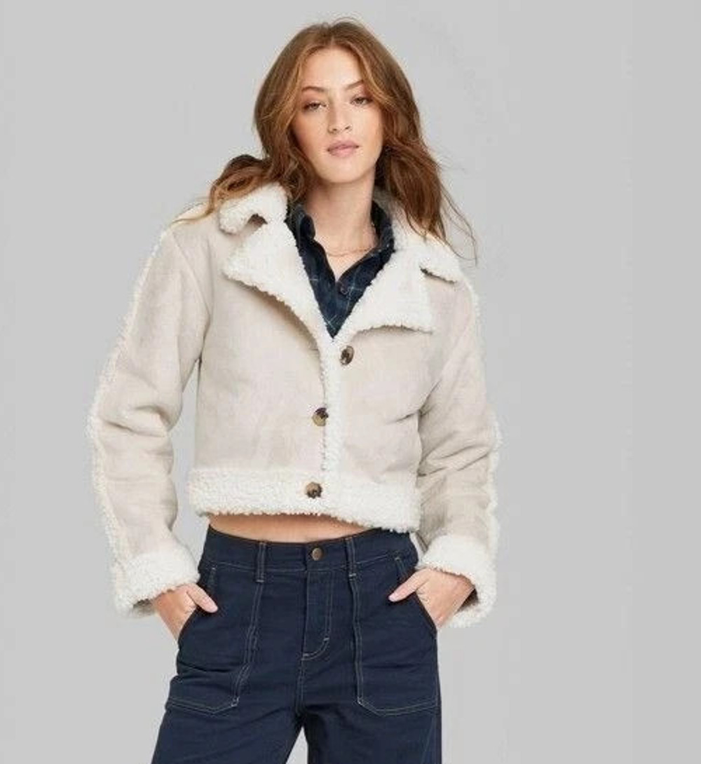 NWT Wild Fable Women’s Cropped Faux Suede Sherpa Jacket Beige Cream XXS